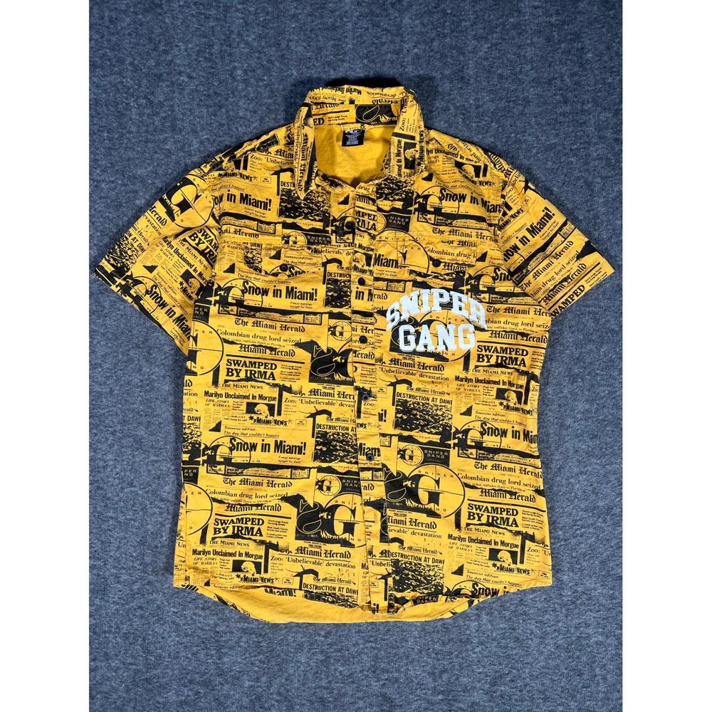 Sniper Gang Miami Herald Newspaper Print Button Down Shirt Yellow Mens Small
